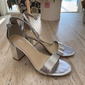 Nine West Metallic Silver Block Heel Ankle-Strap Sandals